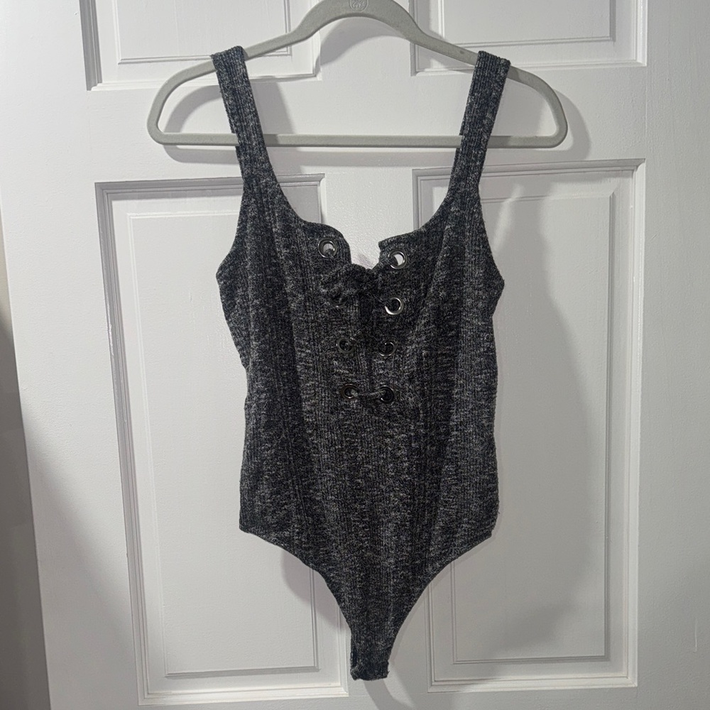 Express Gray Sweater Type Material Bodysuit with Criss Cross Lace Up Chest